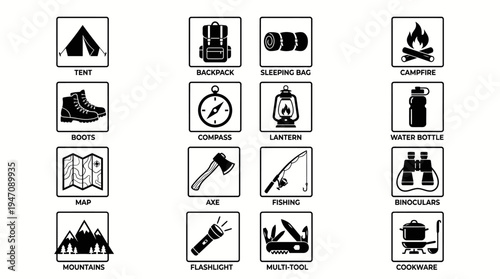 Collection of camping and outdoor adventure gear flat icons