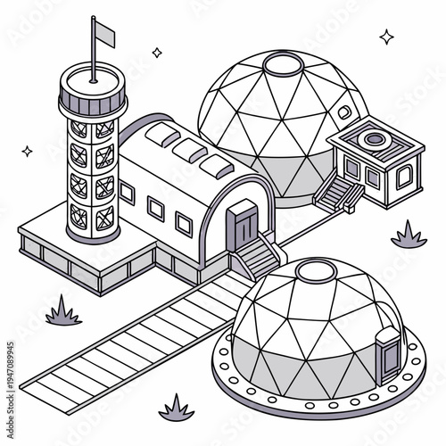 A futuristic space station with domes and a tower