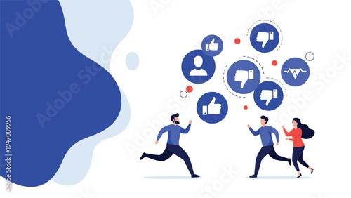 Diverse people running toward various social media interaction icons representing digital engagement and community growth.