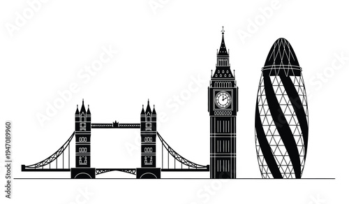 A black and white graphic illustration featuring iconic architectural landmarks of london city center