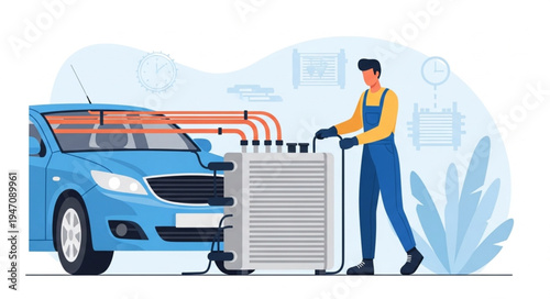 Mechanic with car radiator repair.