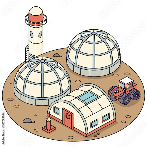 A futuristic mars base with domes and a tractor
