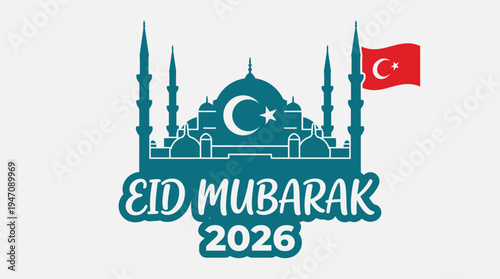 Eid Mubarak 2026 Turkey greeting badge with mosque silhouette and flag