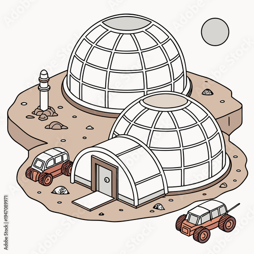 A cartoon illustration of igloos on the moon with a lunar rover