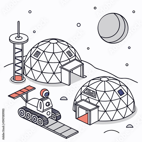 A lunar base with domes and a rover on the moon's surface
