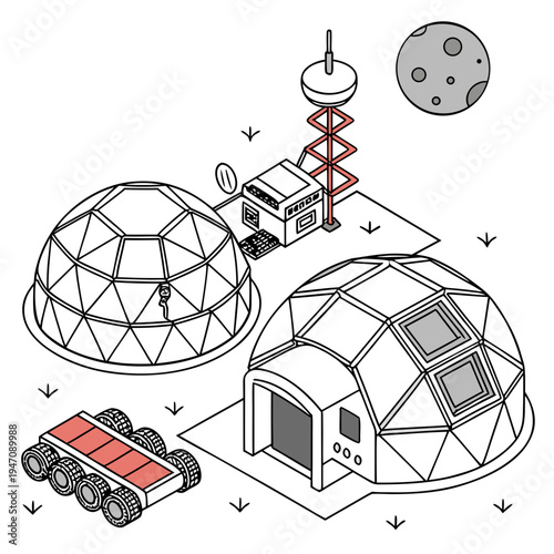 A lunar base with domes and a rover on the moon