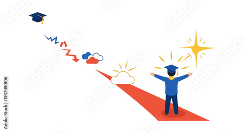 Educational Success Journey: Graduate Overcoming Obstacles, Heading Towards Achievement and Bright Career Future Vector Illustration