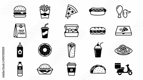 Collection of fast food and delivery outline icons