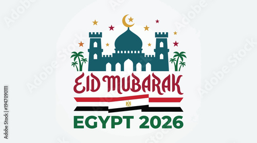 Eid Mubarak Egypt 2026 greeting badge with mosque and Egyptian flag
