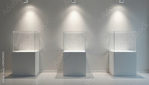 Three empty glass display cases on white pedestals under spotlights in a minimalist gallery. Modern interior for museum show or retail product presentation.