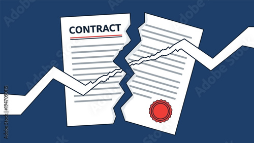 Broken business contract document torn in half with a red wax seal representing failed agreements and cancelled partnerships.