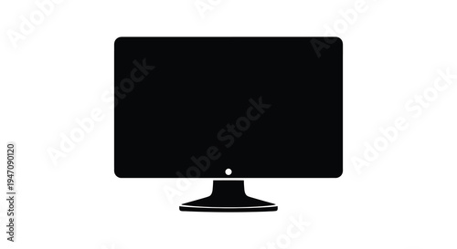 A simple black monitor stands on a base its screen dark and featureless presented as a silhouette