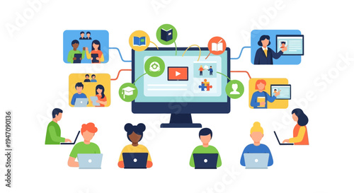 Online Education Platform, E-Learning Network, and Virtual Classroom Concept. Students and Teachers Engaging in Remote Distance Study.