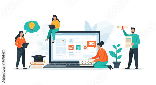 Digital Online Education and E-Learning Platform. Students learning remotely, gaining certifications and new ideas through virtual university courses.