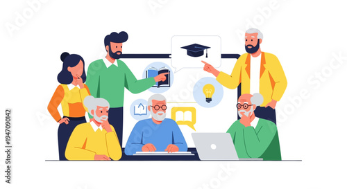 Lifelong Learning and Senior Education Vector Illustration. Adult Students Studying Digital Skills with Young Mentors, Knowledge Sharing Concept.