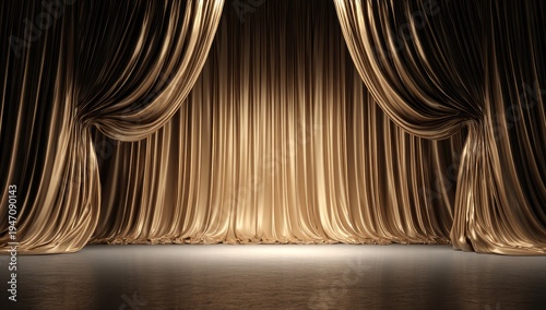 Elegant Golden Stage Curtains Illuminated by Soft Spotlight.