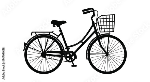 A classic black bicycle with a front basket is depicted in a striking minimalist silhouette high quality professional