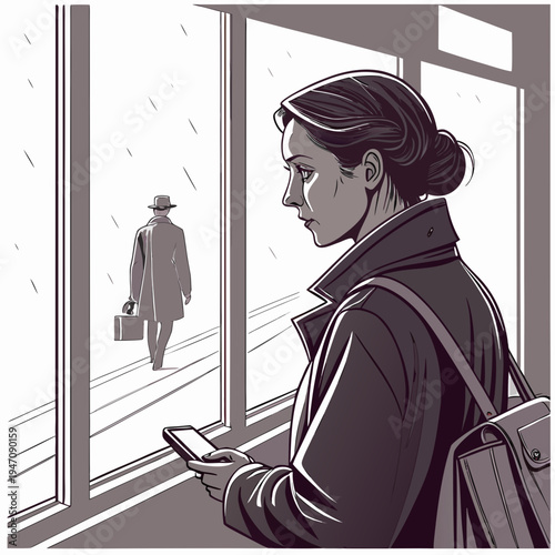 Woman looking out the window at a person walking by