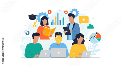 Teamwork, Idea Generation, and Learning Concept. Flat Vector Illustration of People Collaborating on Business Strategy, Innovation, and Digital Education.