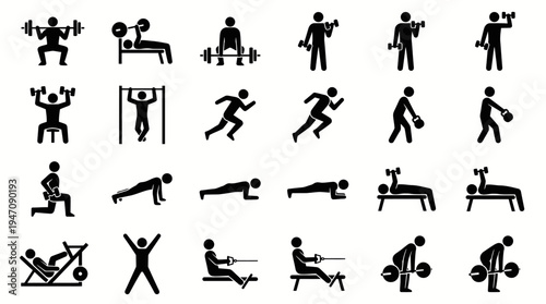 Collection of fitness and workout exercise icons on white background