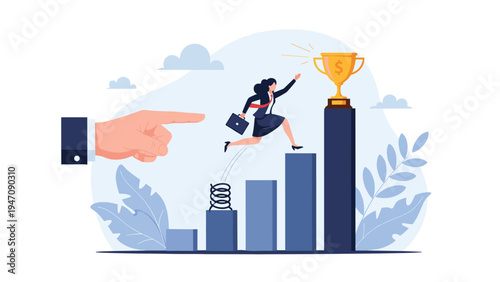 Businesswoman jumping over gaps in bar charts to reach a golden trophy symbolizing career advancement and financial success.