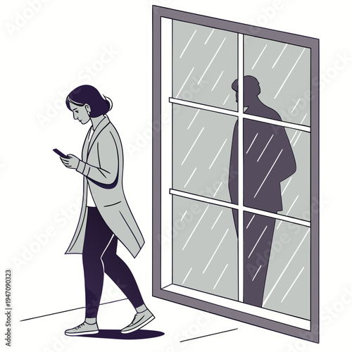 A woman walks past a window with a mans shadow
