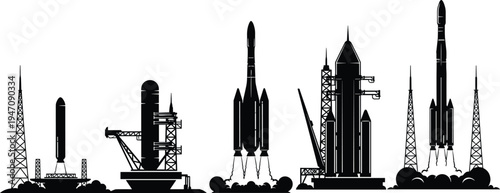 Rocket launch silhouette illustration, spacecraft artwork design, aerospace technology graphic, satellite booster symbol, space exploration drawing, orbital monument artwork, black white