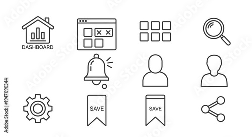 Collection of line art web interface and app icons