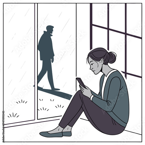 Woman sitting on floor looking at phone