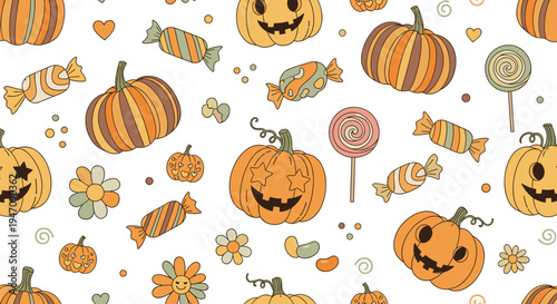 Cute Halloween Pumpkin and Candy Seamless Pattern with Flowers, Lollipops, and Sweet Treats for Autumn Holiday Textile, Wrapping Paper, Kids Fabric, and Festive Background Design