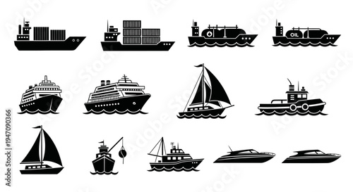 Collection of marine transportation vessels and boats vector icons
