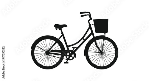 A striking black silhouette depicts a classic bicycle with a front basket showcasing simple design silhouette high quality