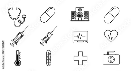 Collection of medical healthcare flat line art icons
