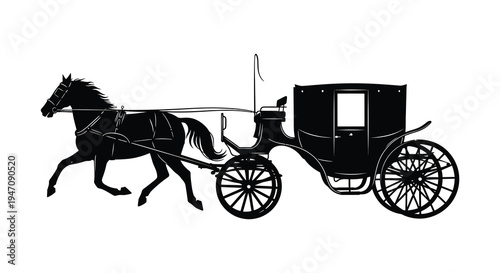 A striking black silhouette depicts a horse drawn carriage in motion evoking a vintage aesthetic silhouette high quality
