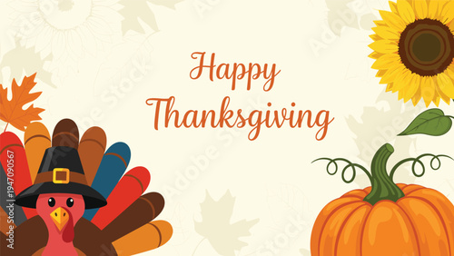 Thanksgiving greeting card featuring a turkey, a pumpkin, a sunflower, and autumn leaves with elegant script text for holidays.