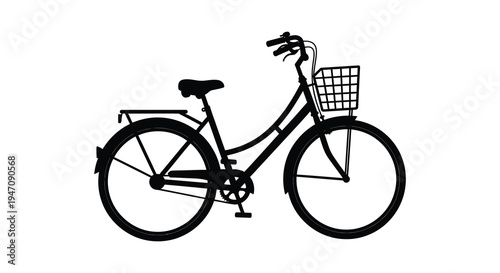 A black silhouette of a classic bicycle with a front basket and curved frame isolated on white background silhouette