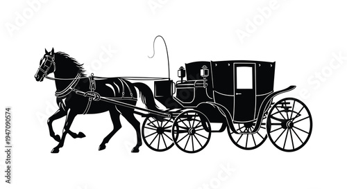 A detailed black and white illustration depicts a horse drawn carriage in motion showcasing a striking silhouette
