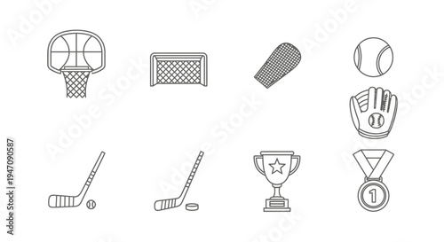 Collection of sport equipment and achievement outline icons
