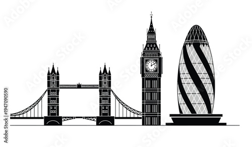 A black and white graphic illustration featuring iconic london landmarks including bridge and tower