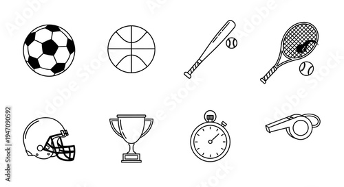 Collection of sports equipment and competition line icons