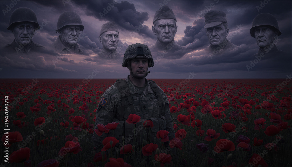 Obraz premium Modern soldier standing in field of red poppies with ghostly images of past warriors in sky. Tribute to fallen heroes for Memorial Day, Veterans Day and Remembrance Day patriotic observance.