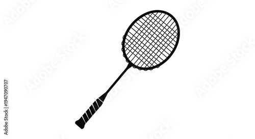 A striking black silhouette of a badminton racket against a plain white background showcasing sporty equipment silhouette