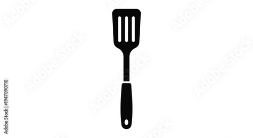 A simple black silhouette depicts a kitchen utensil a slotted spatula against a white background silhouette high quality