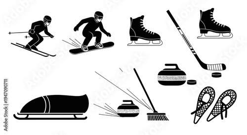 Collection of winter sports equipment and activity icons silhouettes