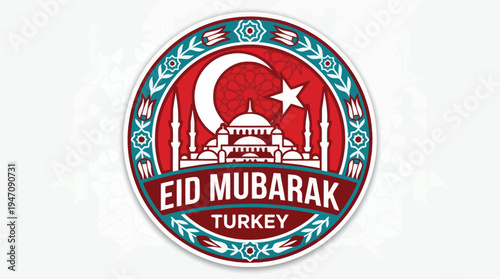 Red Eid Mubarak Turkey badge with mosque crescent star and floral border