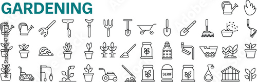 Gardening tools and plants icons set with text gardening Keywords: gardening, tools, plants, watering can, shovel, rake