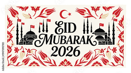 Eid Mubarak 2026 Turkey greeting banner with mosque silhouette and traditional tulips