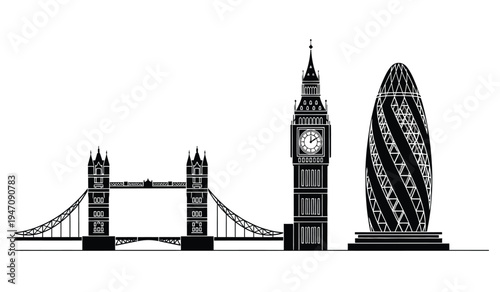 Black and white silhouette illustration featuring iconic london landmarks including tower bridge