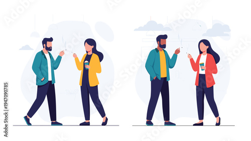 Two pairs of people standing together having a conversation while smoking cigarettes and drinking coffee in an outdoor break area.