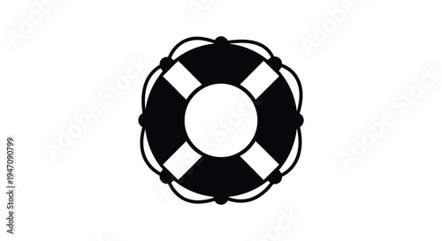 A stark black and white illustration depicts a circular life preserver emphasizing safety and rescue silhouette high quality